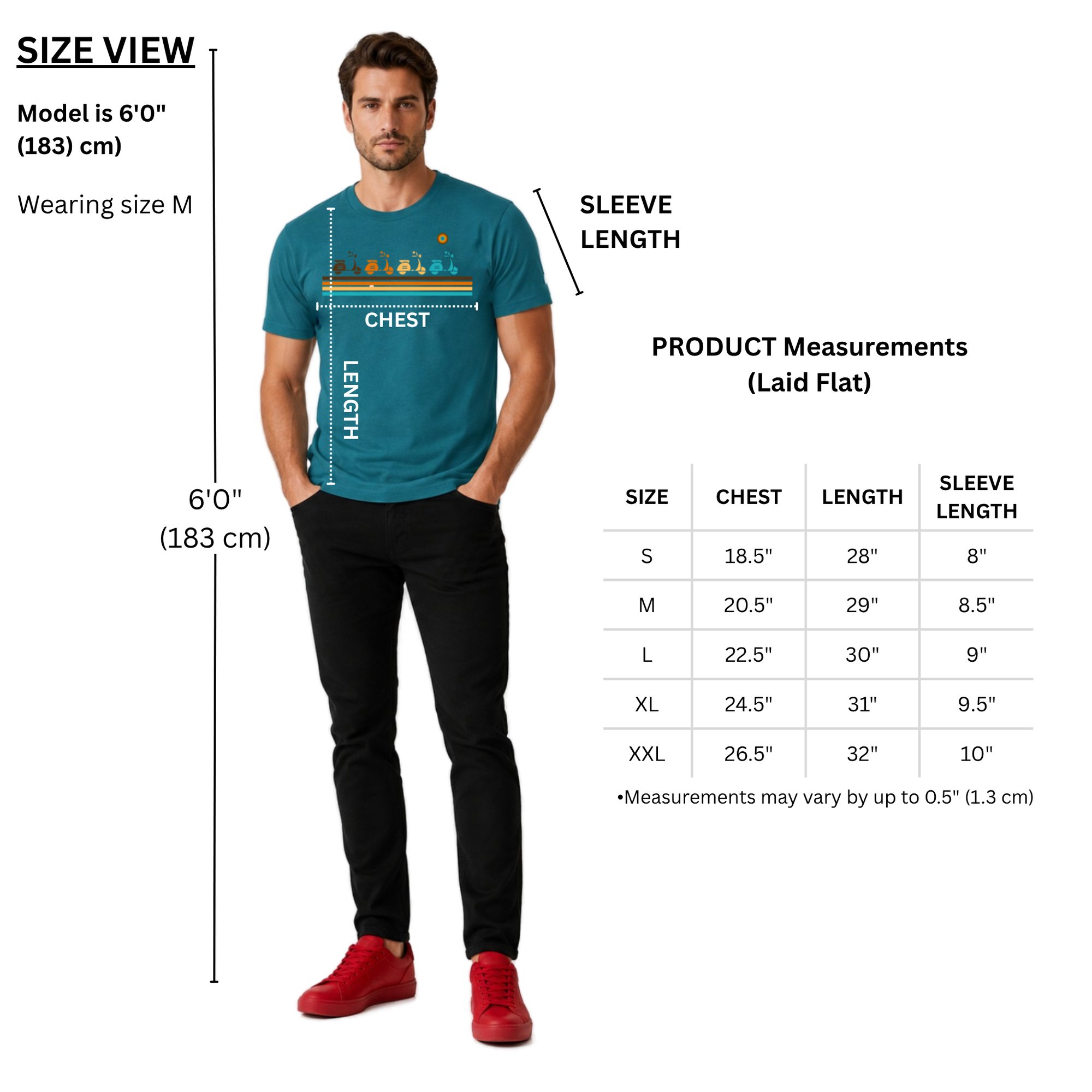 NO&YO men’s premium t-shirt sizing guide showing a 6-foot-tall model wearing size medium with chest, length, and sleeve measurements for sizes S through XXL.