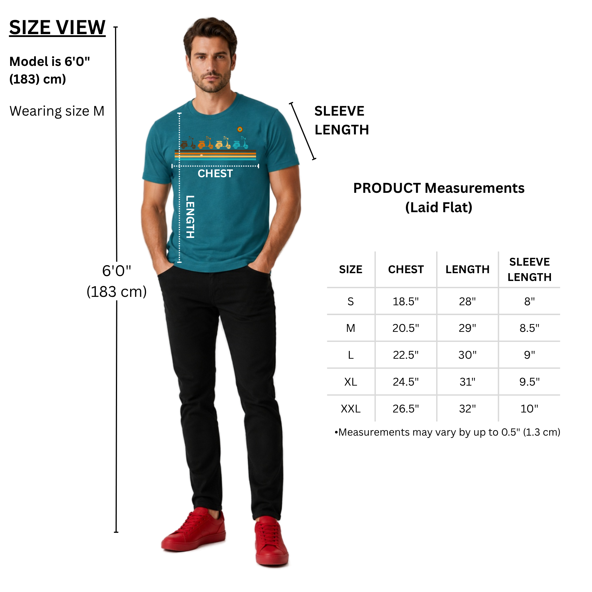NO&YO men’s premium t-shirt sizing guide showing a 6-foot-tall model wearing size medium with chest, length, and sleeve measurements for sizes S through XXL.