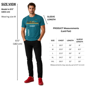 NO&YO men’s premium t-shirt sizing guide showing a 6-foot-tall model wearing size medium with chest, length, and sleeve measurements for sizes S through XXL.