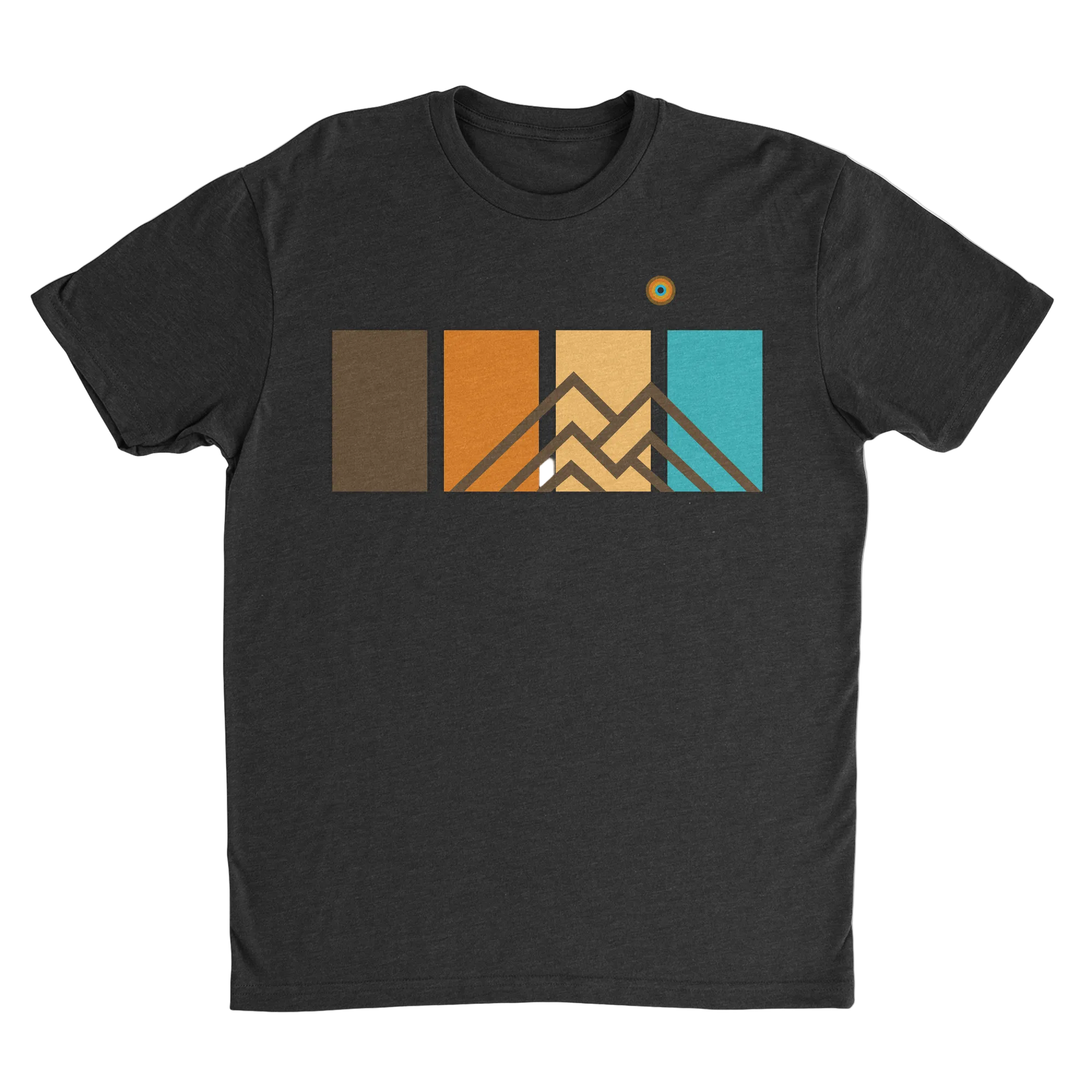Basecamp Black Ridgeline Tee men’s premium mountain graphic t-shirt featuring retro geometric color panel design.