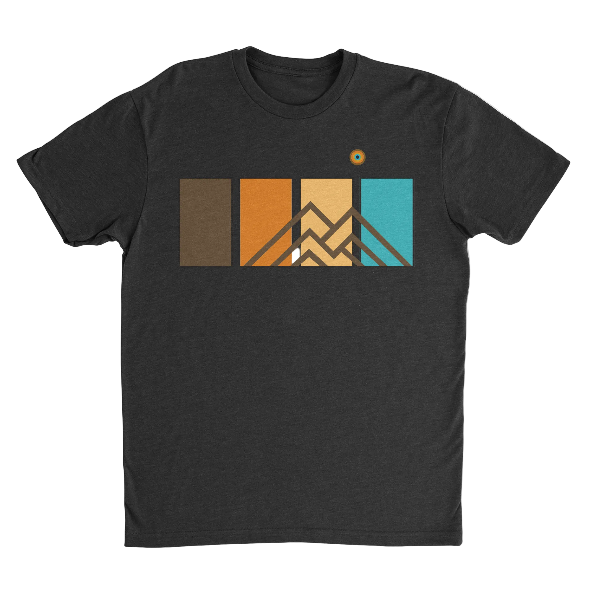 Basecamp Black Ridgeline Tee men’s premium mountain graphic t-shirt featuring retro geometric color panel design.