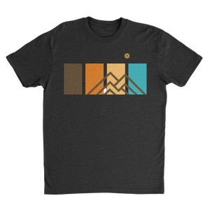 Basecamp Black Ridgeline Tee men’s premium mountain graphic t-shirt featuring retro geometric color panel design.