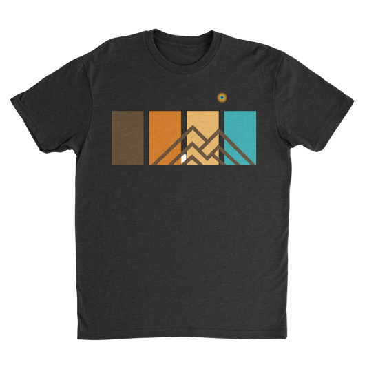 Basecamp Black Ridgeline Tee men’s premium mountain graphic t-shirt featuring retro geometric color panel design.