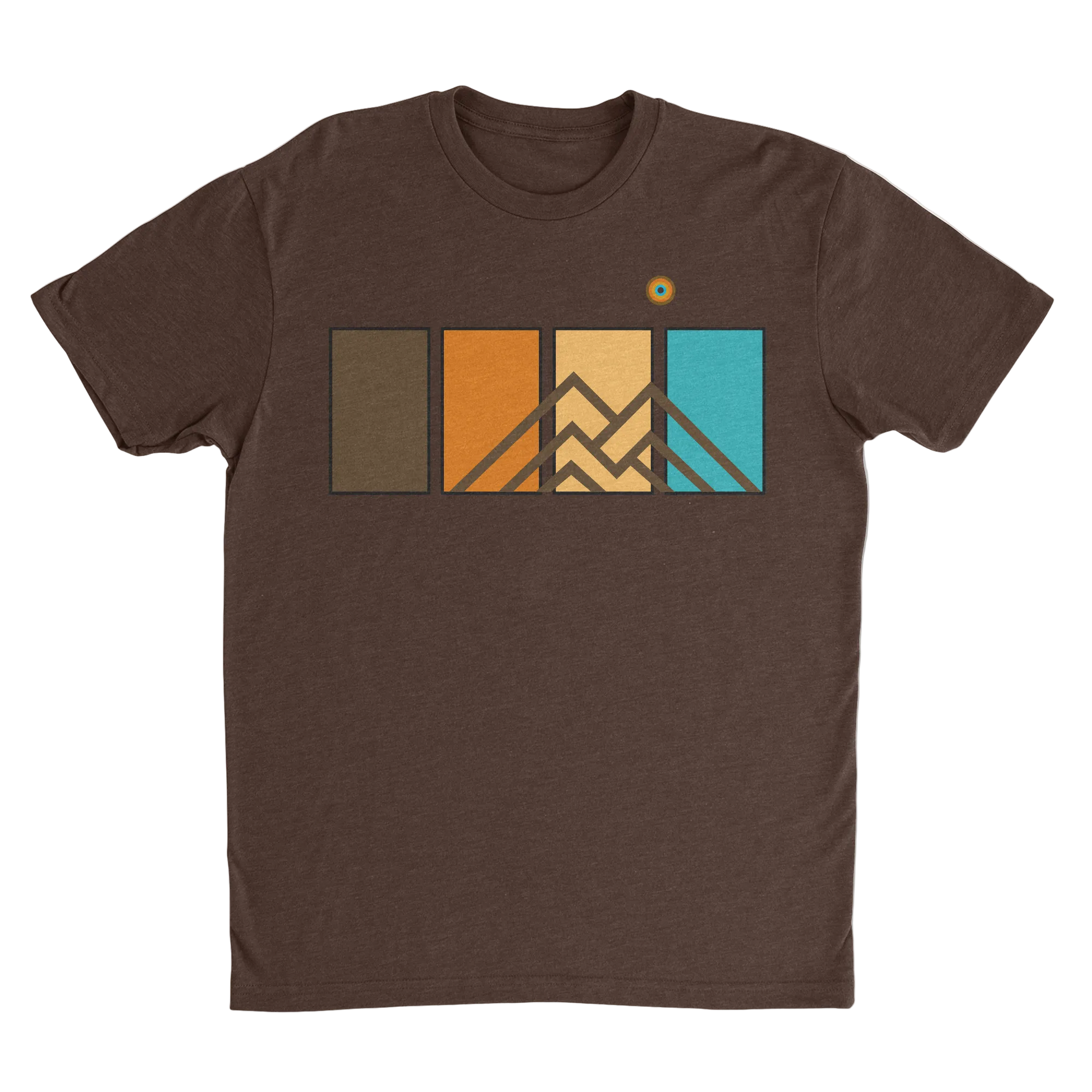 Brown Ridgeline Tee men’s premium mountain graphic t-shirt featuring geometric mountain and color panel artwork.