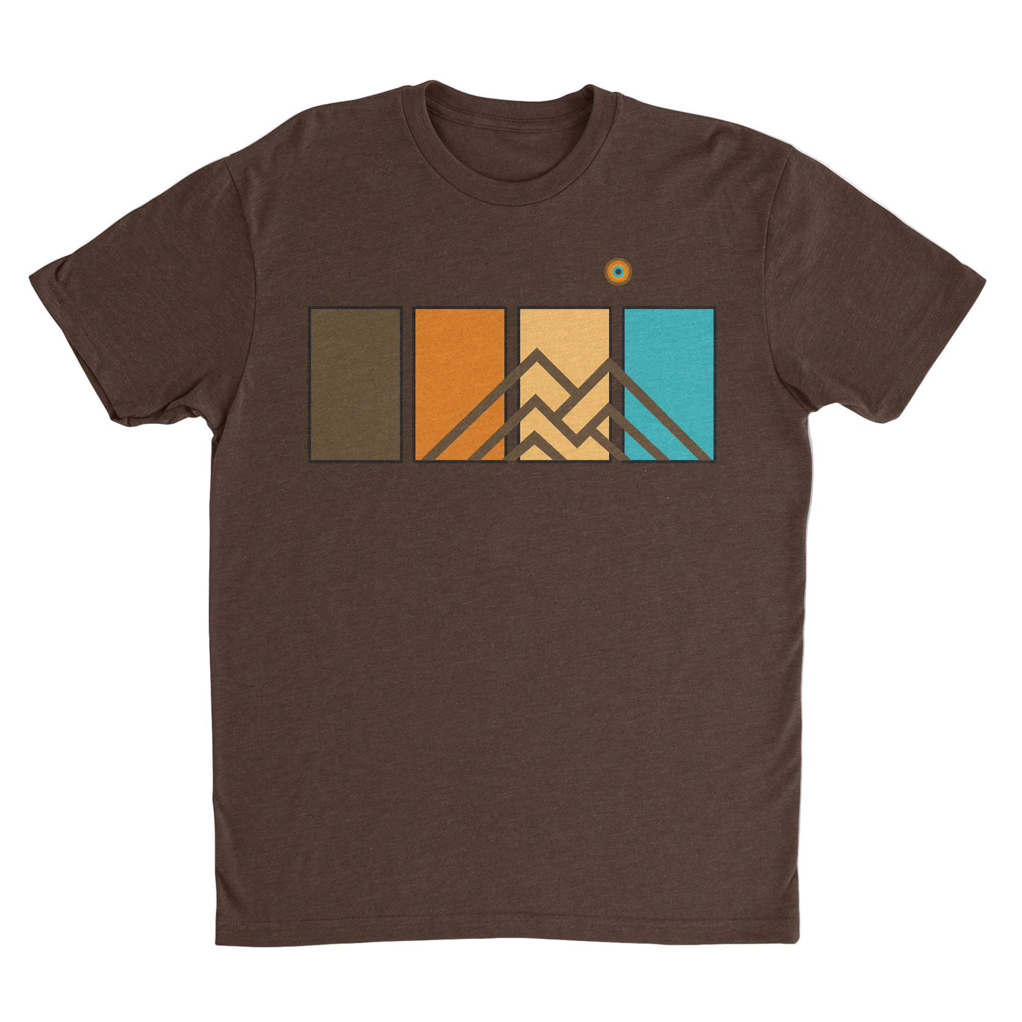 Brown Ridgeline Tee men’s premium mountain graphic t-shirt featuring geometric mountain and color panel artwork.