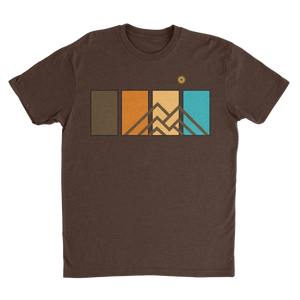 Brown Ridgeline Tee men’s premium mountain graphic t-shirt featuring geometric mountain and color panel artwork.
