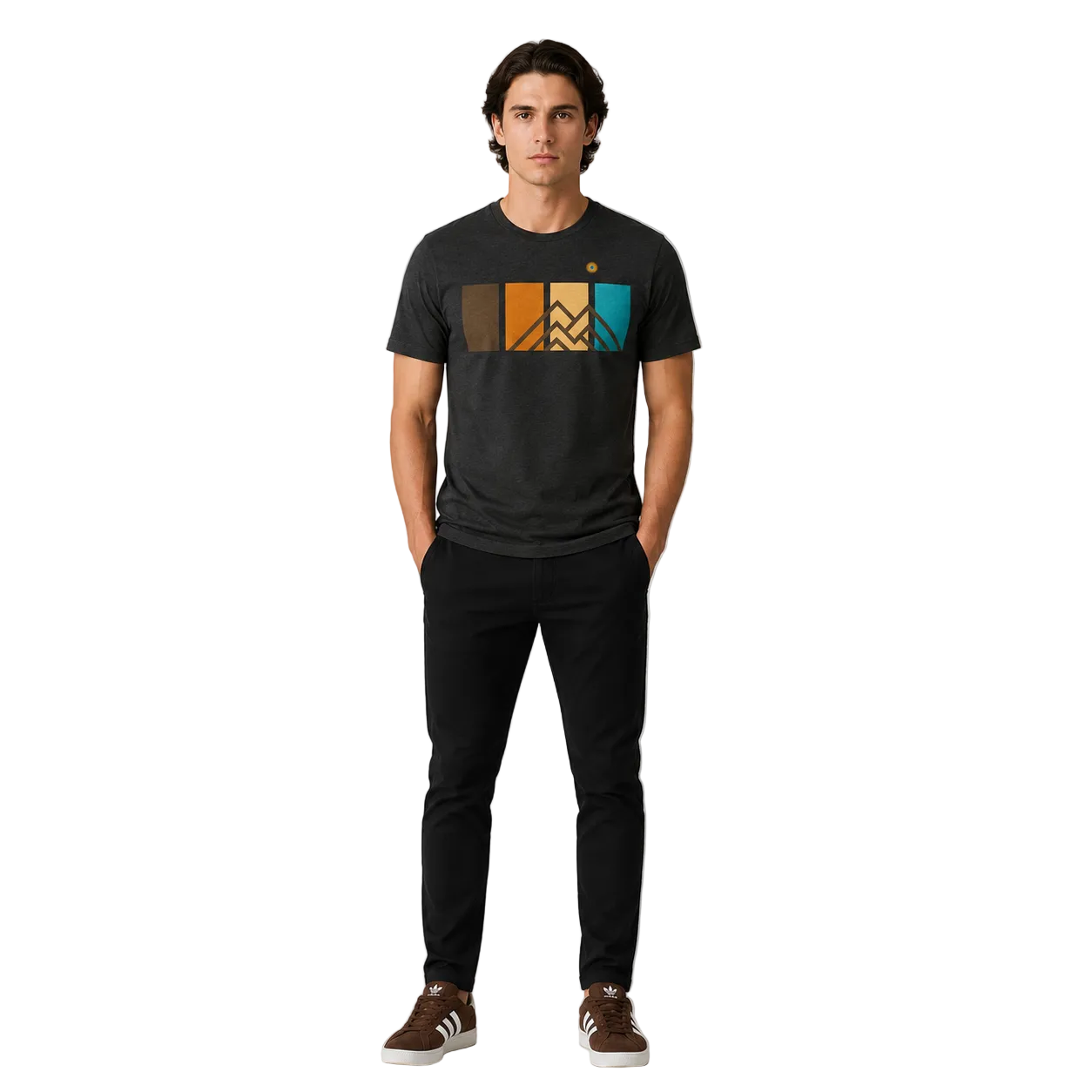 Men’s Ridgeline Tee premium black mountain graphic t-shirt featuring retro color panel mountain design worn by male model in studio.