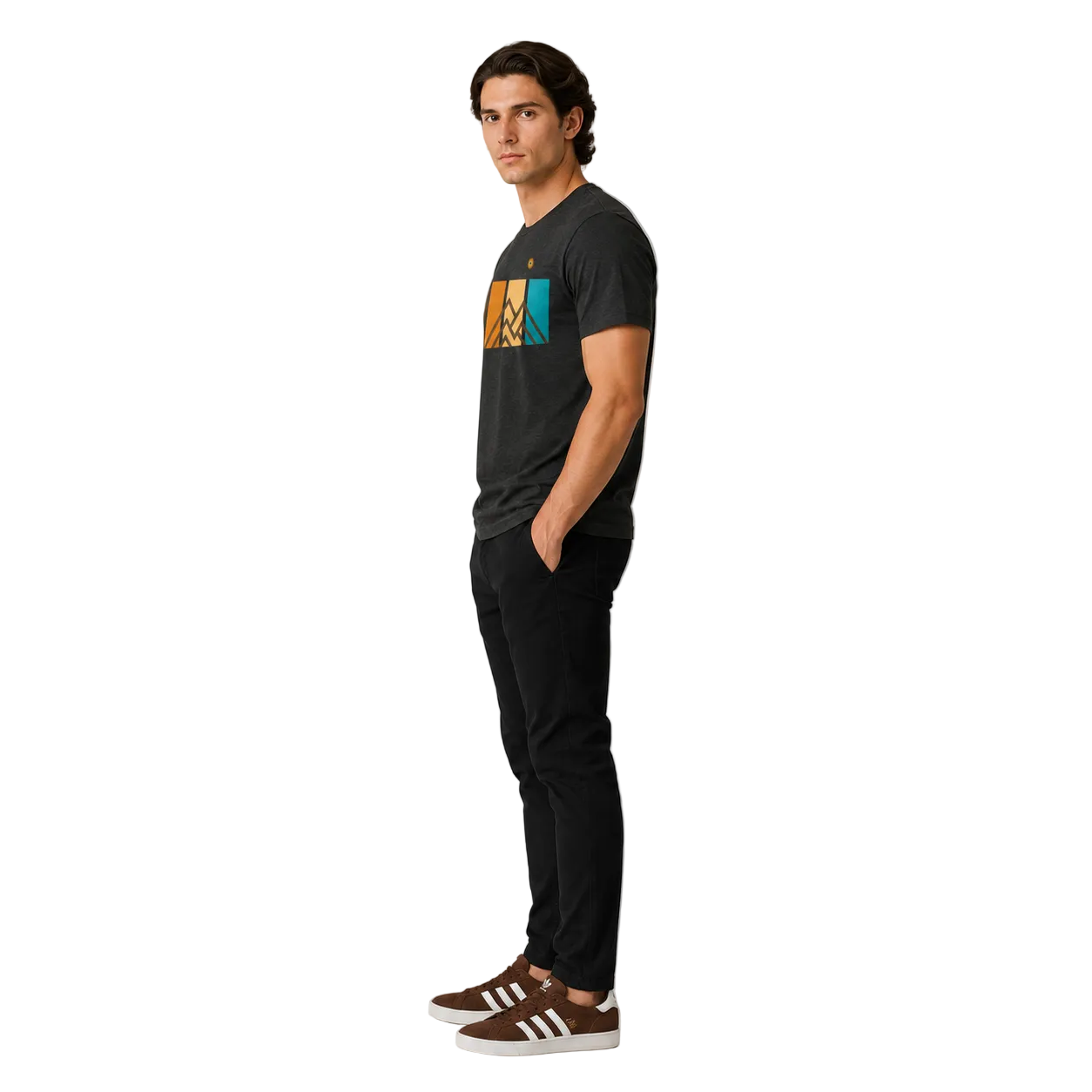 Side profile of men’s Ridgeline Tee premium black mountain graphic t-shirt with geometric outdoor-inspired artwork worn by male model.