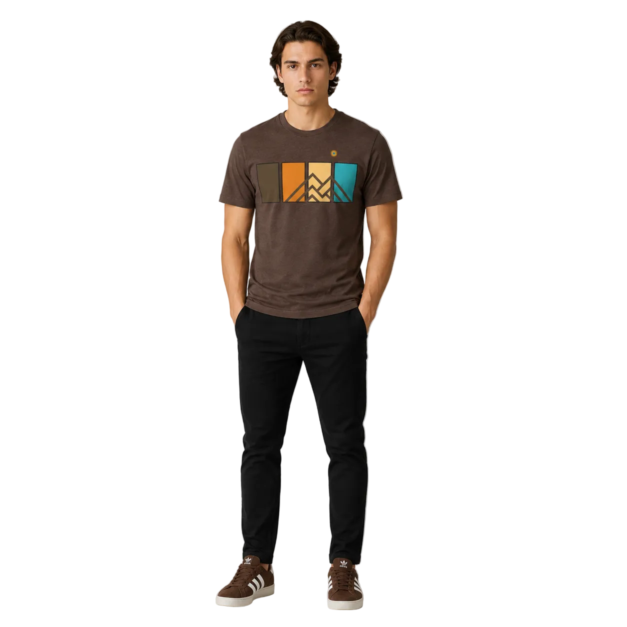 Men’s Ridgeline Tee premium brown mountain graphic t-shirt featuring retro color panel design, worn by male model in studio lifestyle product photo.
