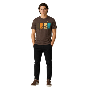 Men’s Ridgeline Tee premium brown mountain graphic t-shirt featuring retro color panel design, worn by male model in studio lifestyle product photo.
