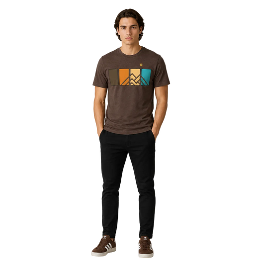 Men’s Ridgeline Tee premium brown mountain graphic t-shirt featuring retro color panel design, worn by male model in studio lifestyle product photo.