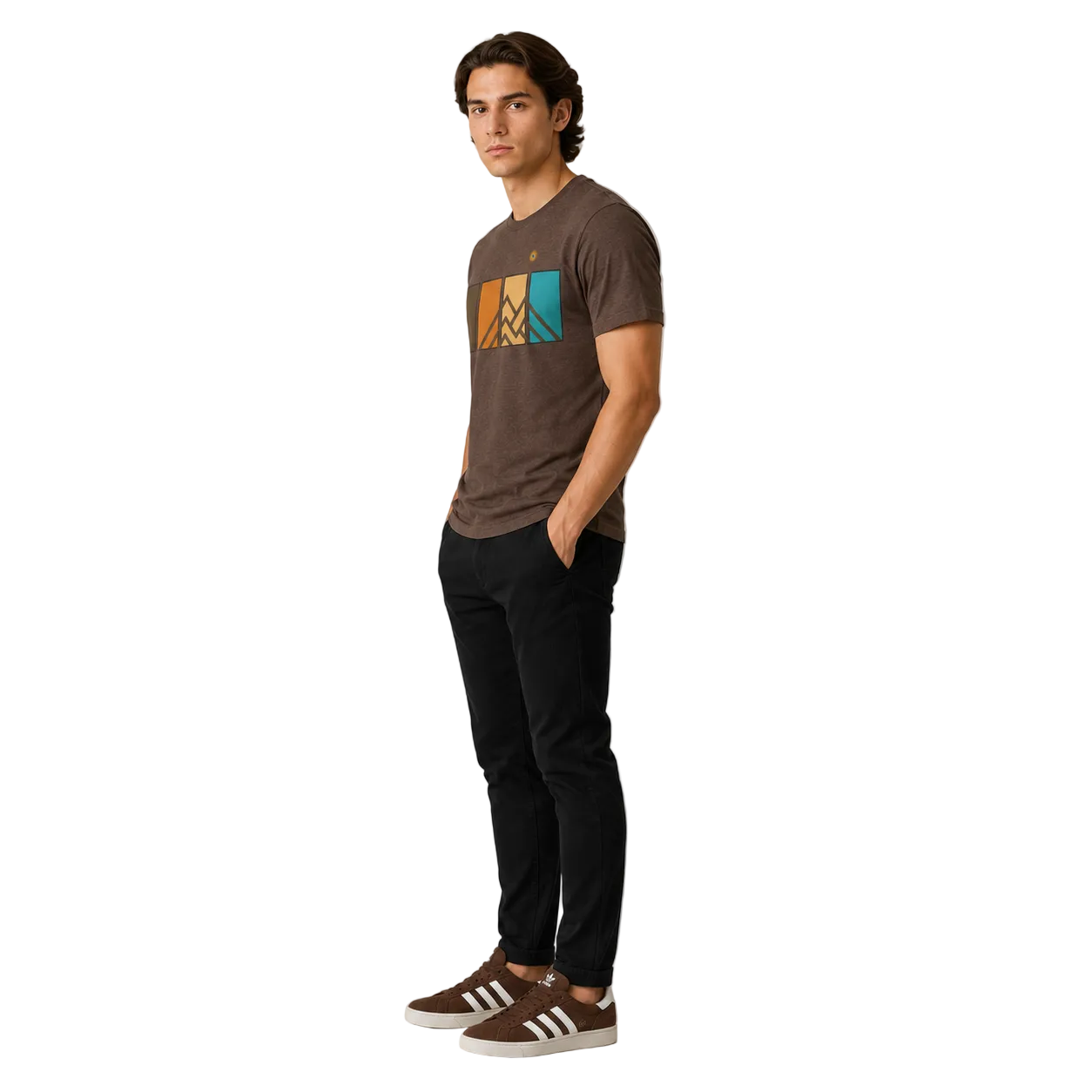 Side view of men’s Ridgeline Tee premium brown mountain graphic t-shirt with retro outdoor-inspired color panel artwork worn by male model.