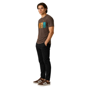 Side view of men’s Ridgeline Tee premium brown mountain graphic t-shirt with retro outdoor-inspired color panel artwork worn by male model.