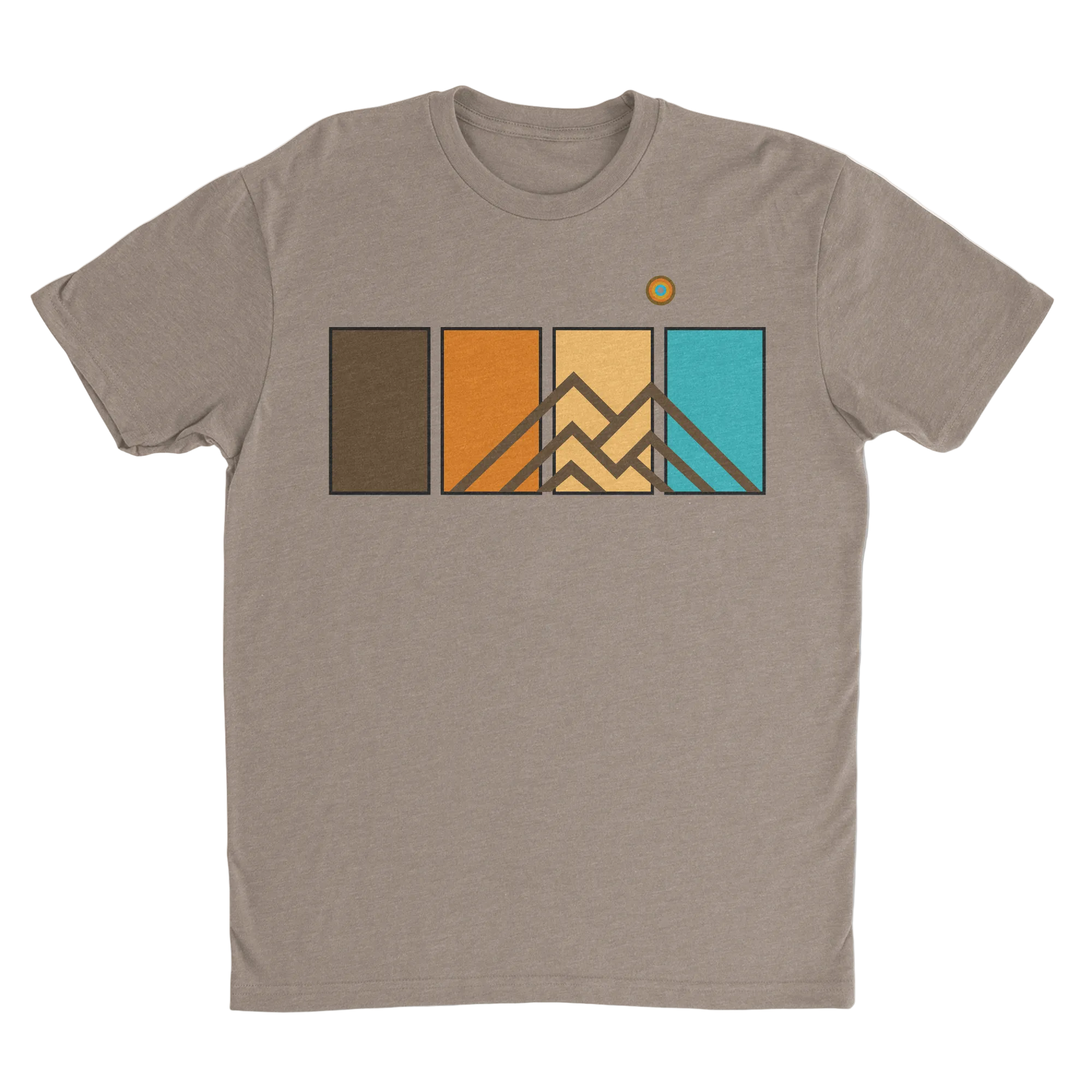 Ridgeline Tee men’s premium mountain graphic t-shirt in Summit Stone featuring retro geometric mountain artwork and outdoor-inspired color panel design.