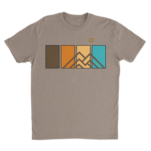 Ridgeline Tee men’s premium mountain graphic t-shirt in Summit Stone featuring retro geometric mountain artwork and outdoor-inspired color panel design.
