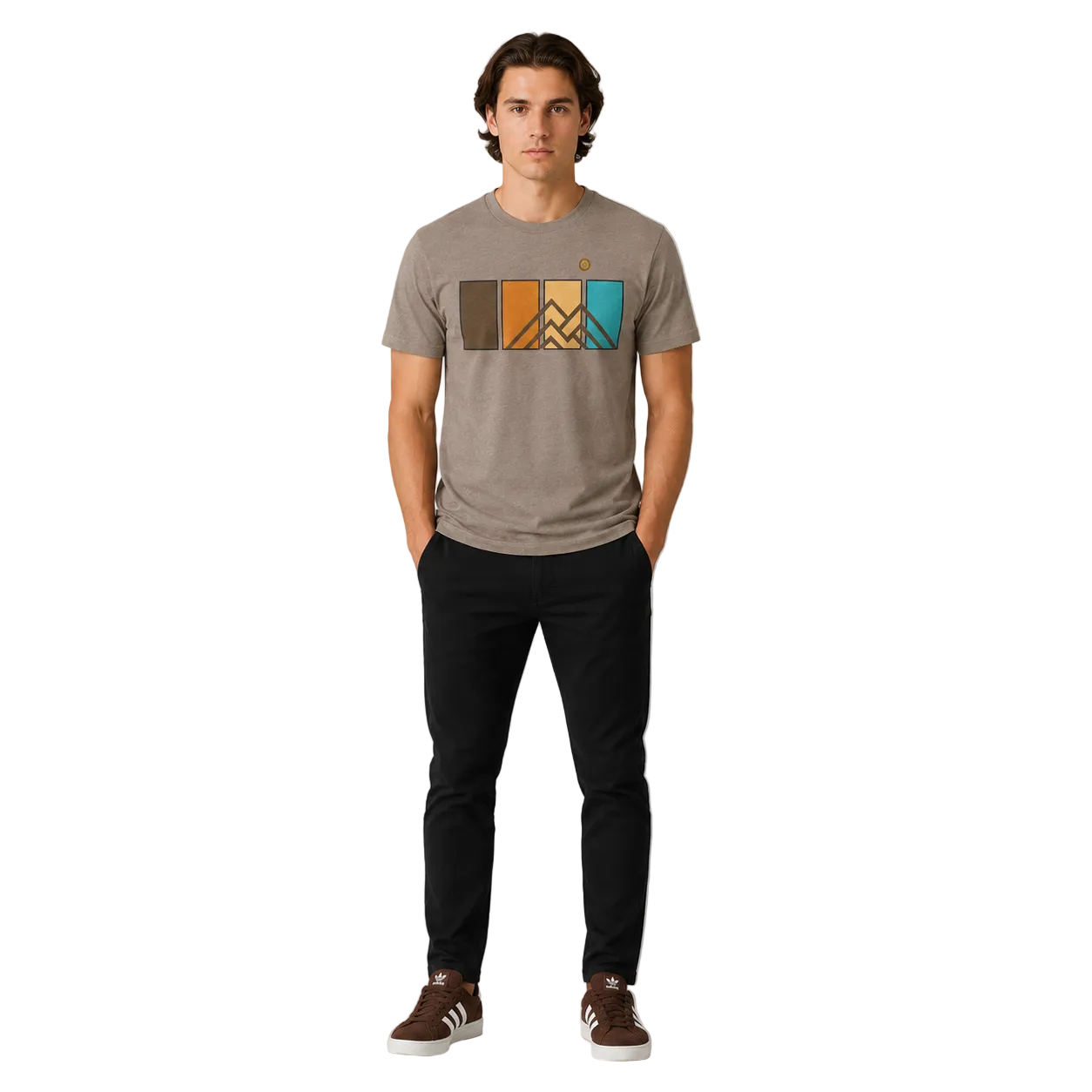 Men’s Ridgeline Tee premium mountain graphic t-shirt in Summit Stone featuring retro color panel mountain artwork, worn by male model in studio setting.