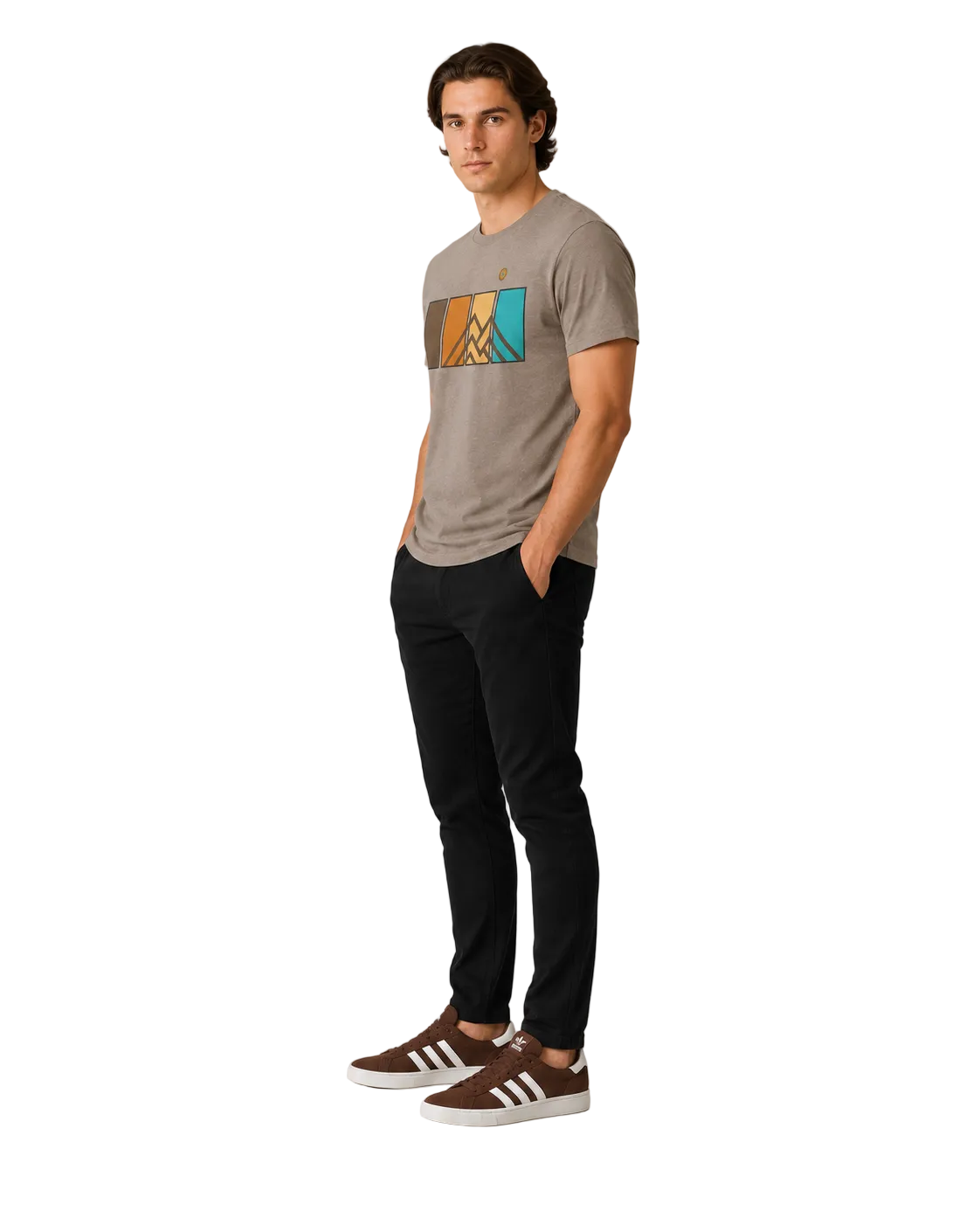 Side view of men’s Ridgeline Tee premium mountain graphic t-shirt in Summit Stone with geometric mountain and color panel design worn by male model.