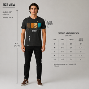 Ridgeline Tee size guide showing 6-foot male model wearing size medium in Basecamp Black premium mountain graphic t-shirt with fit and measurement chart.